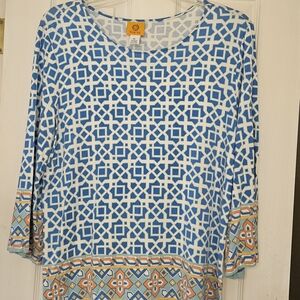 Ruby Rd. Geometric Blue and Cream Blouse Pullover   SIZE XL